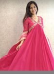 Pink Chinon Silk Anarkali Suit: Embroidered Indian Dress with Paithani Dupatta