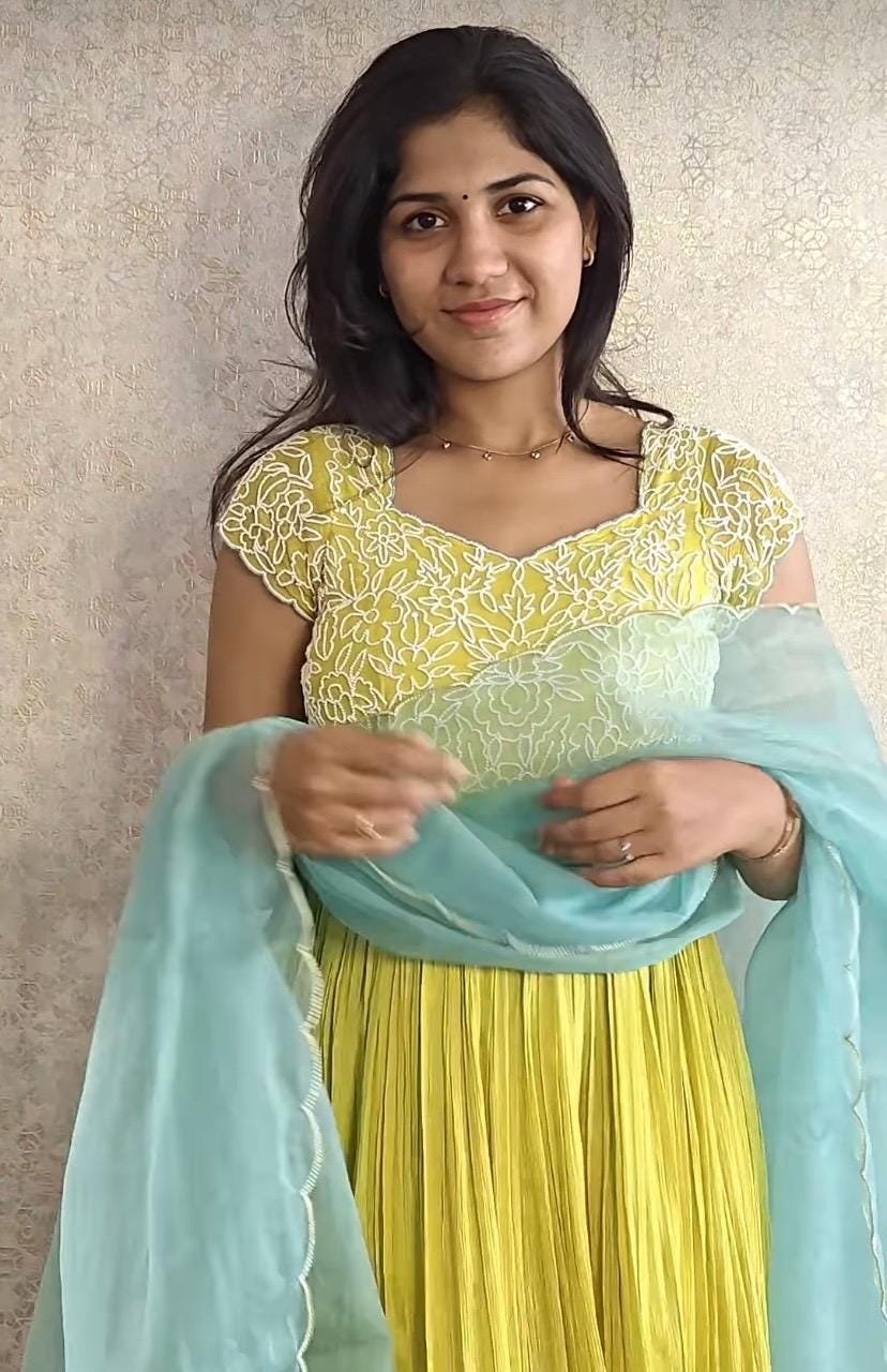 Hand Embroidered Yellow Anarkali Gown with Scallop Dupatta