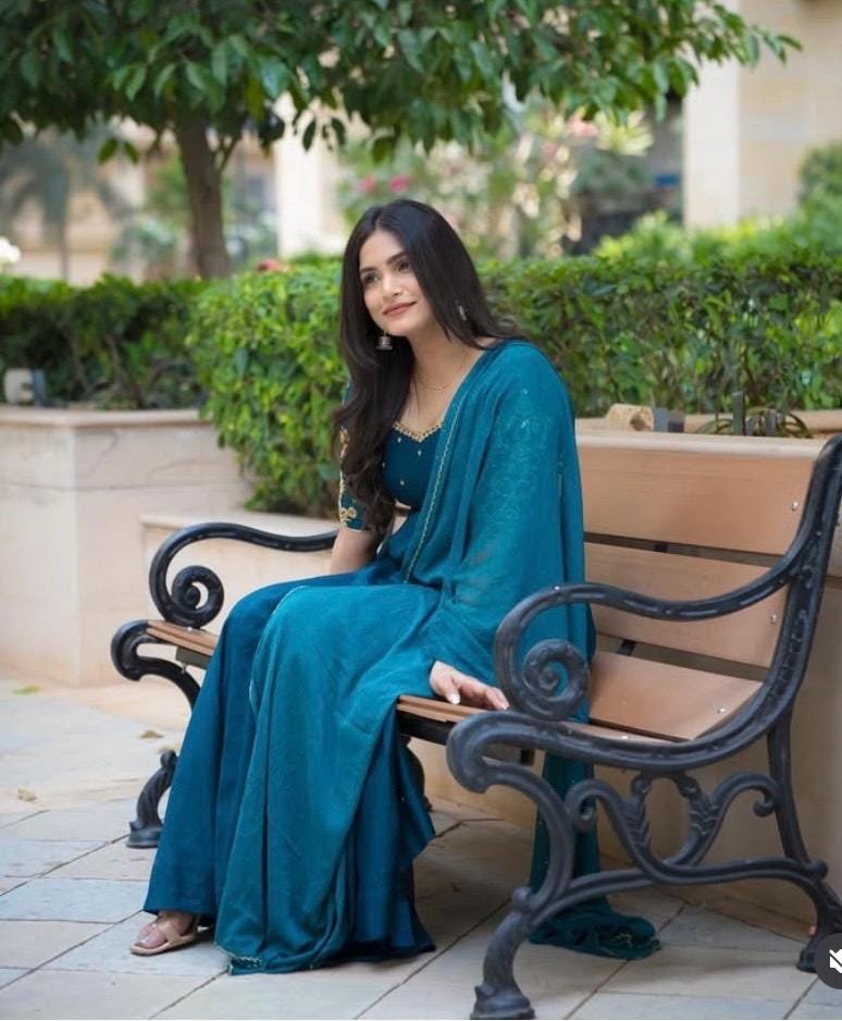 Hand embroidered Anarkali with dupatta/straight kurta suit set/blue kurta with dupatta USA/Indian dresses/blue kurta set with pant dupatta