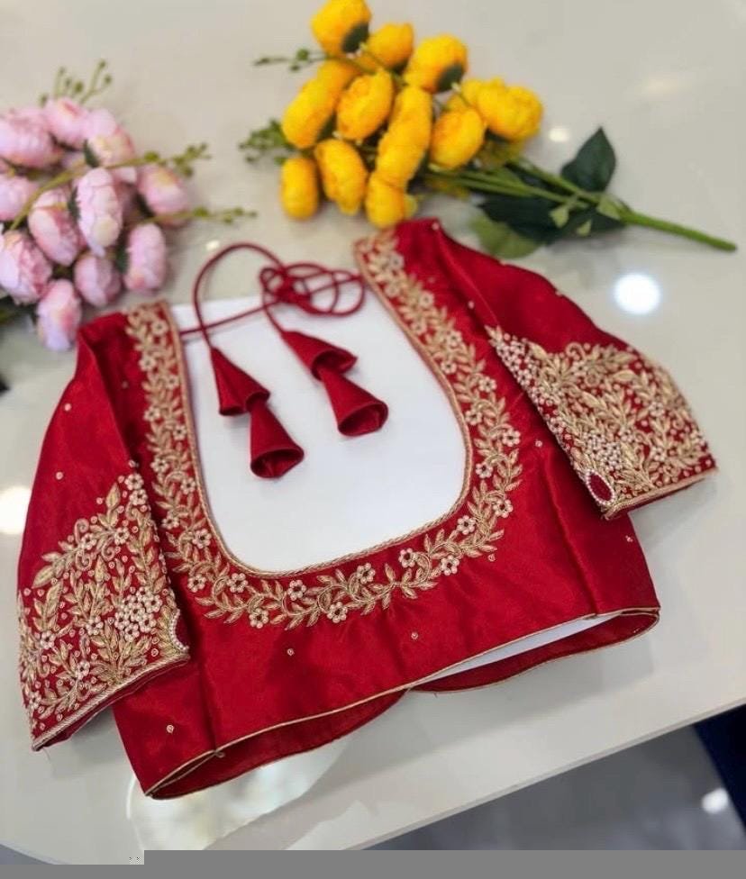 Pure Silk Hand Embroidered Saree Blouse: Red Zardosi Maggam Blouse