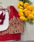 Pure Silk Hand Embroidered Saree Blouse: Red Zardosi Maggam Blouse