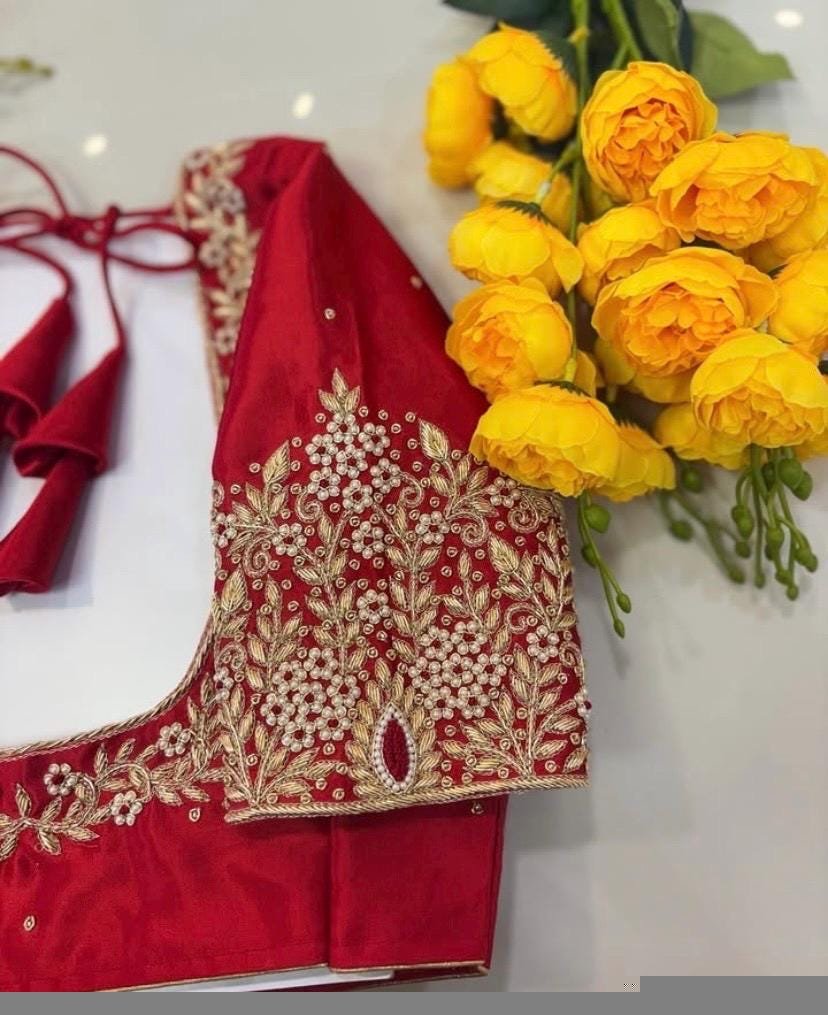 Pure Silk Hand Embroidered Saree Blouse: Red Zardosi Maggam Blouse