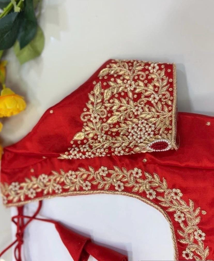 Pure Silk Hand Embroidered Saree Blouse: Red Zardosi Maggam Blouse