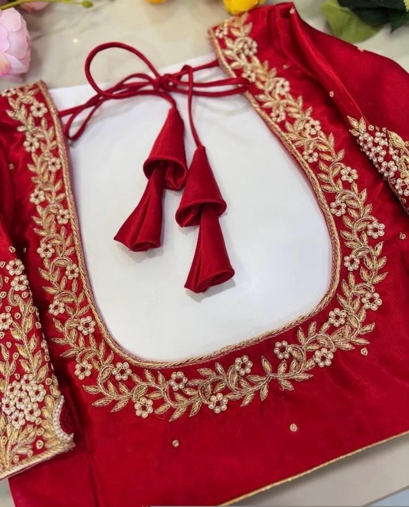 Pure Silk Hand Embroidered Saree Blouse: Red Zardosi Maggam Blouse