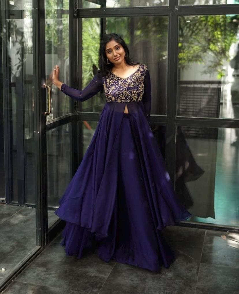 Hand embroidered Anarkali with lehenga/dark blue anarkali suit/georgette anarkali dupatta USA/Indian dresses/navy blue anarkali dupatta set