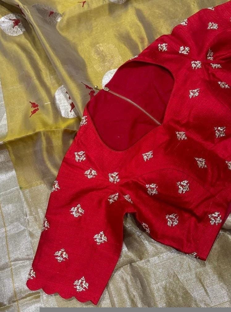 Hand Embroidered Zardosi Blouse: Dark Red Silk Maggam Saree Blouse
