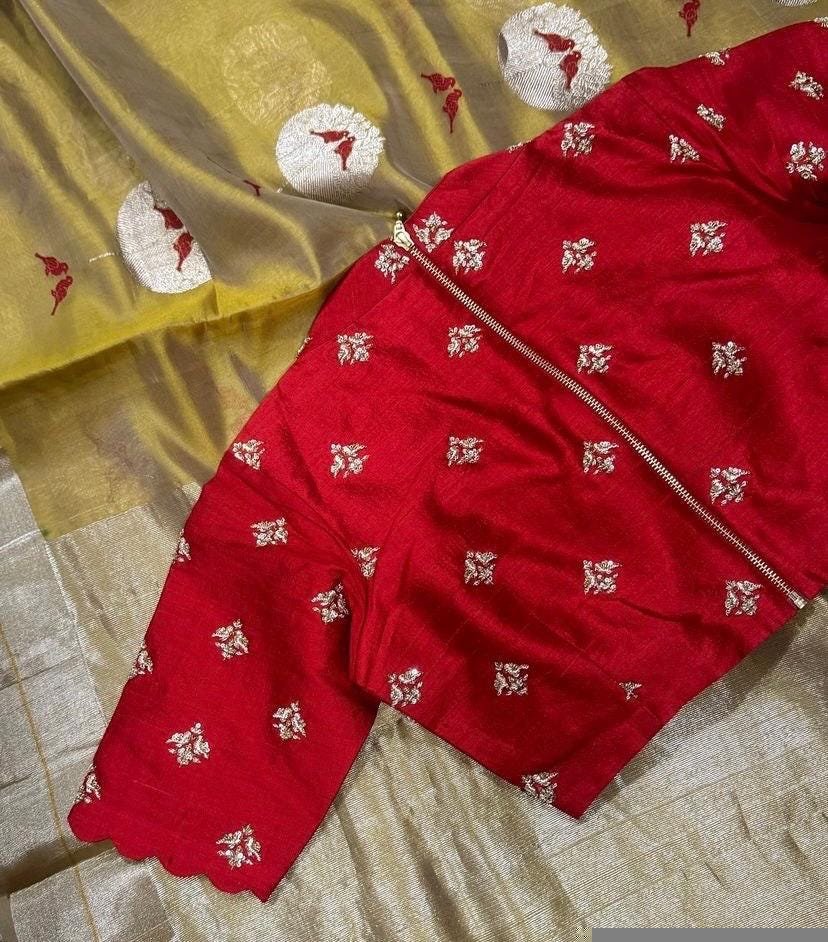Hand Embroidered Zardosi Blouse: Dark Red Silk Maggam Saree Blouse