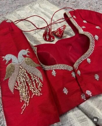 Red Silk Saree Blouse: Hand Embroidered Zardosi Maggam Work