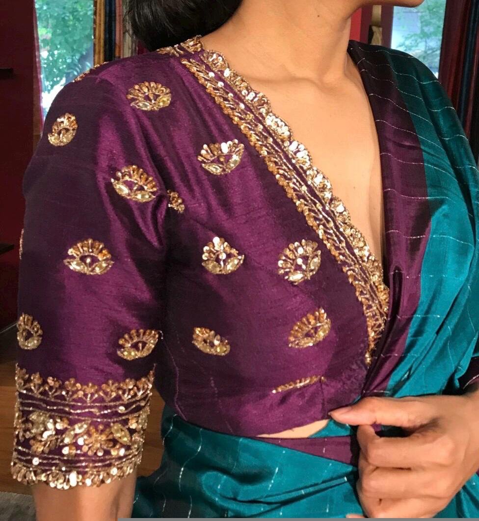 pure silk hand embroidery blouse/saree maggam blouse/dark pink zardosi blouse/hand embroidered blouse/plum color ready made blouse zardosi