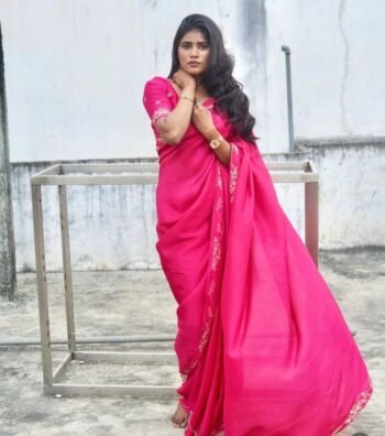 Pink satin chiffon silk saree with hand Embroidered blouse/hand embroidered saree with ready blouse|sarees USA|hotpink embroidery silk saree