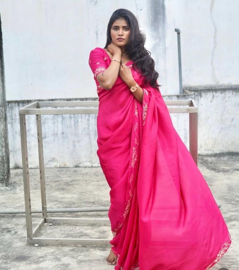 Pink satin chiffon silk saree with hand Embroidered blouse/hand embroidered saree with ready blouse|sarees USA|hotpink embroidery silk saree