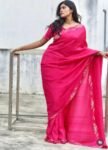Pink satin chiffon silk saree with hand Embroidered blouse/hand embroidered saree with ready blouse|sarees USA|hotpink embroidery silk saree