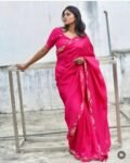 Pink satin chiffon silk saree with hand Embroidered blouse/hand embroidered saree with ready blouse|sarees USA|hotpink embroidery silk saree