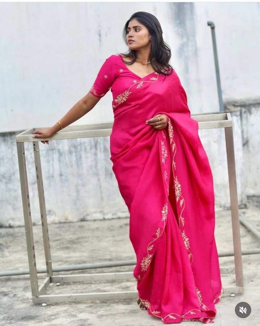 Pink satin chiffon silk saree with hand Embroidered blouse/hand embroidered saree with ready blouse|sarees USA|hotpink embroidery silk saree