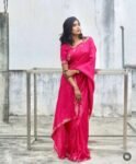 Pink satin chiffon silk saree with hand Embroidered blouse/hand embroidered saree with ready blouse|sarees USA|hotpink embroidery silk saree