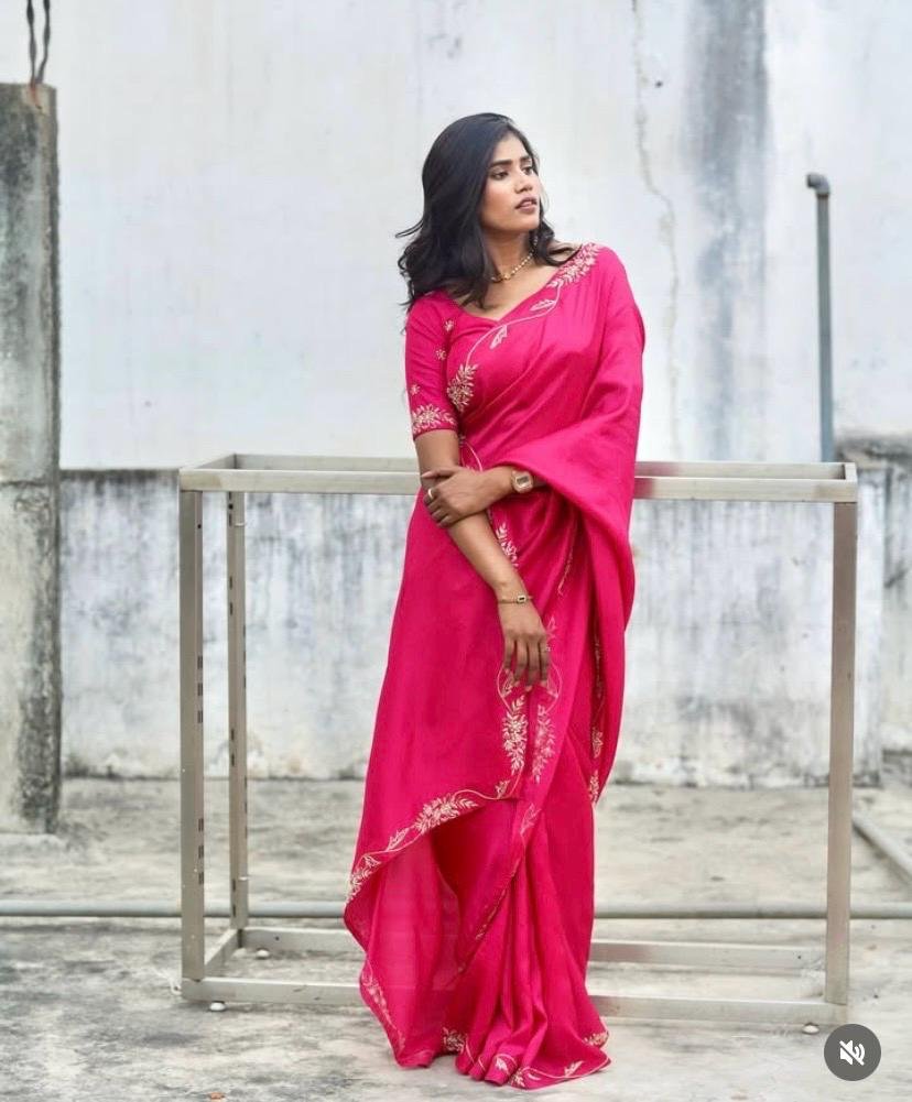 Pink satin chiffon silk saree with hand Embroidered blouse/hand embroidered saree with ready blouse|sarees USA|hotpink embroidery silk saree