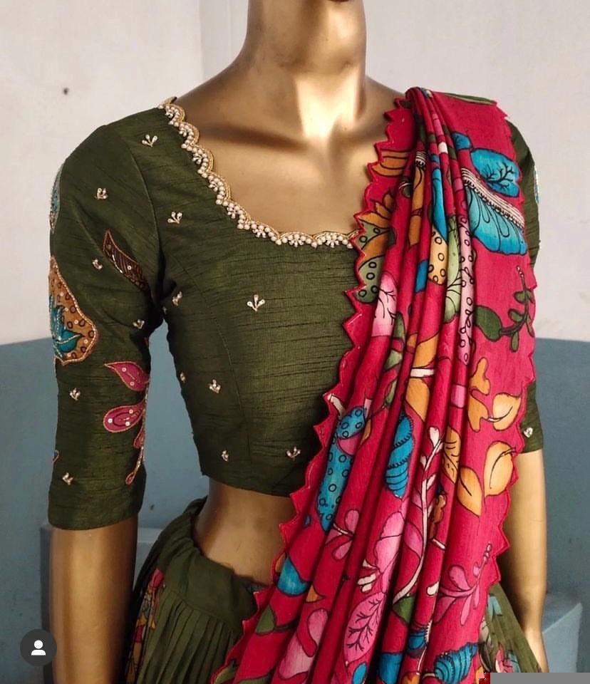 Women’s pure kalamkari lehenga set/crop top lehenga/green Hand painted lehenga USA/wedding lehenga USA/kalamkari lehenga set/mehendi outfit