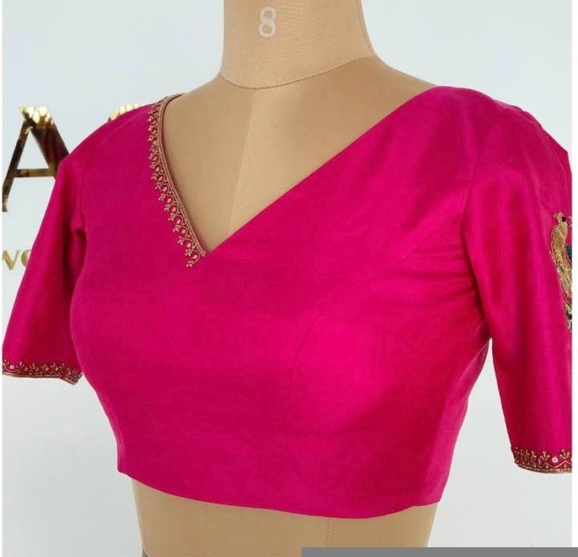 Pink pure silk hand embroidery blouse/readymade maggam blouse/pink saree blouse/ hand embroidered blouse /ready made handmade blouse zardosi
