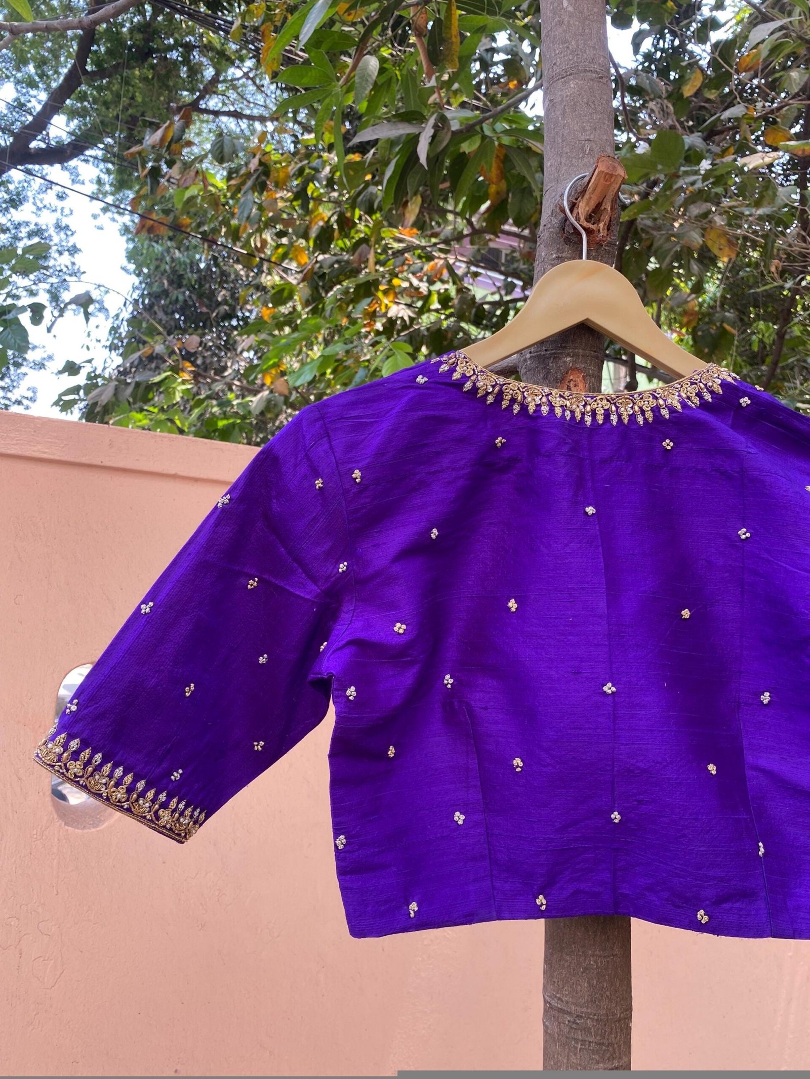 Purple Silk Saree Blouse: Hand Embroidered Zardosi Maggam