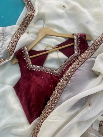 Beige silk saree with hand embroidered velvet blouse/cream saree with red hand work blouse|sarees USA |pure silk saree/maggam work blouse