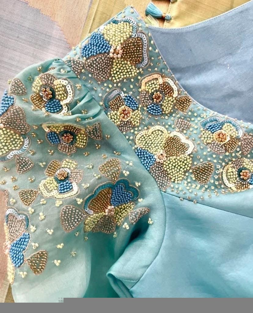 Ice blue hand embroidery blouse/saree maggam blouse/pure silk zardosi blouse/blue hand embroidered blouse/heavy maggam full sleeve blouse us