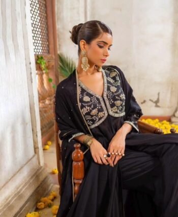 Hand Embroidered Black Anarkali Suit/chanderi Silk dress, georgette Dupatta, Indian Gown,black cocktail dress,Indian kurta pyjama, black ana