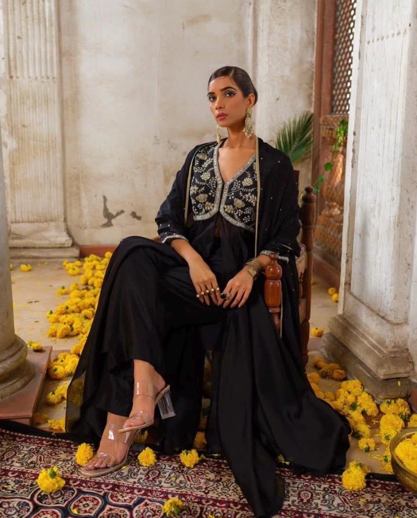 Hand Embroidered Black Anarkali Suit/chanderi Silk dress, georgette Dupatta, Indian Gown,black cocktail dress,Indian kurta pyjama, black ana
