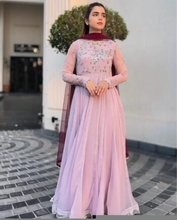 Hand Embroidered Lavender Anarkali Dress: Chiffon Silk Indian Gown