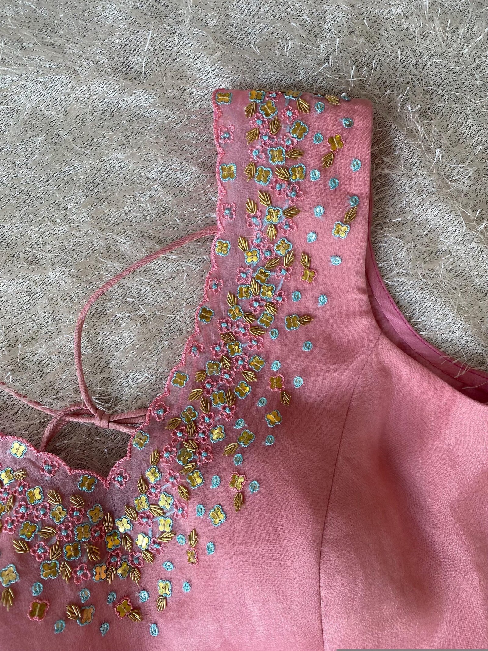 Hand Embroidered Silk Blouse: Light Pink Modern Maggam, Sleeveless