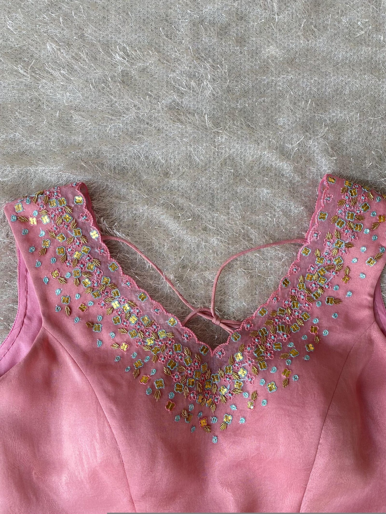 Hand Embroidered Silk Blouse: Light Pink Modern Maggam, Sleeveless