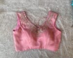 Hand Embroidered Silk Blouse: Light Pink Modern Maggam, Sleeveless