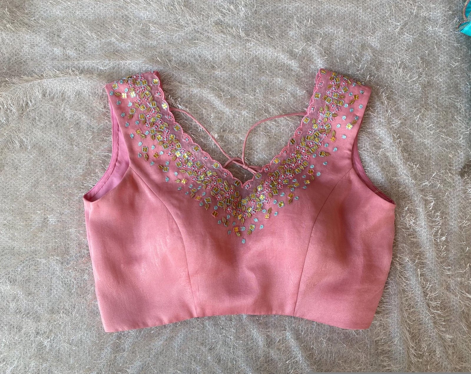 Hand Embroidered Silk Blouse: Light Pink Modern Maggam, Sleeveless