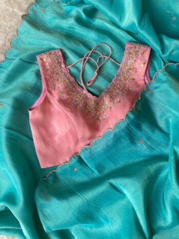 Blue tissue silk saree with hand embroidered blouse/blue saree with pink hand work blouse|sarees blue pure silk scall saree with blouse