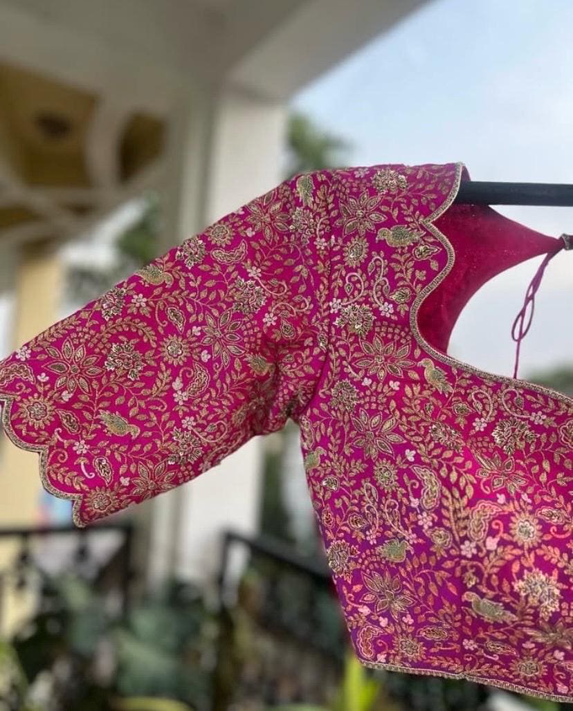 pure silk hand embroidery bridal blouse/maggam blouse/pink bridal work blouse/pink hand embroidered blouse/heavy embroidery wedding blouse