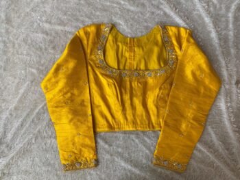 Hand Embroidered Silk Saree Blouse: Yellow Zardosi Maggam, Full Sleeve