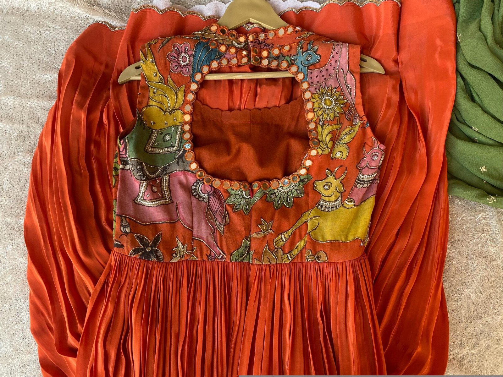 Women’s pure kalamkari anarkali with dupatta/Hand painted kalamkari dress USA/orange hand painted anarkali set/hand painted kalamkari dress