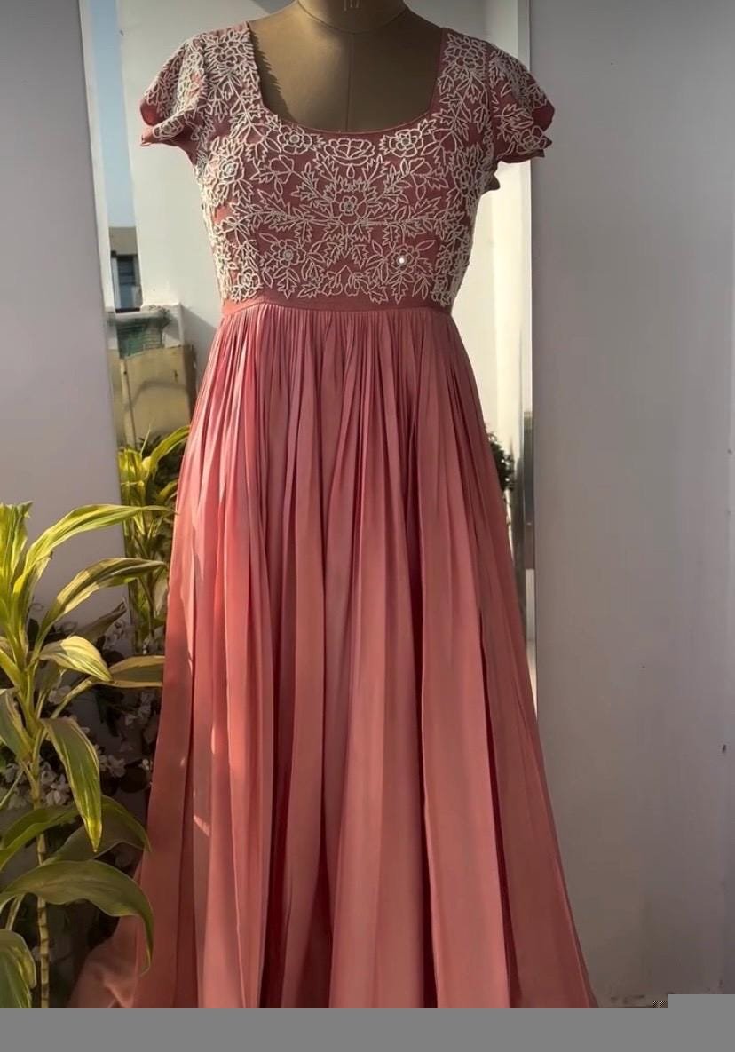 Anarkali suit usa/pink anarkali kurta short sleeve/pink sleeve anarkali/peach pink anarkali/heavy hand embroidered anarkali with dupatta usa