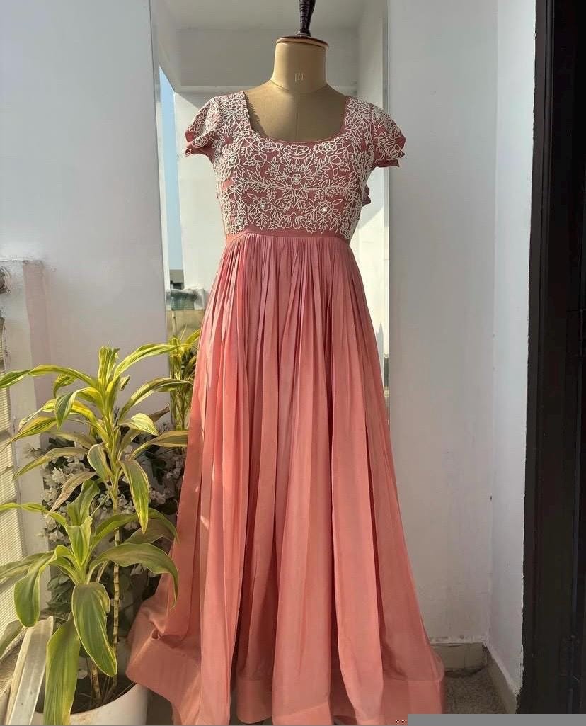 Anarkali suit usa/pink anarkali kurta short sleeve/pink sleeve anarkali/peach pink anarkali/heavy hand embroidered anarkali with dupatta usa