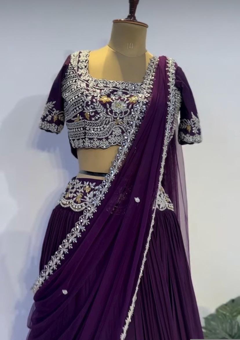 Women’s lehenga Set/purplehalf saree lehenga/Indian crop top skirt USA/hand embroidered lehenga choli USA /purple lehenga skirt with dupatta