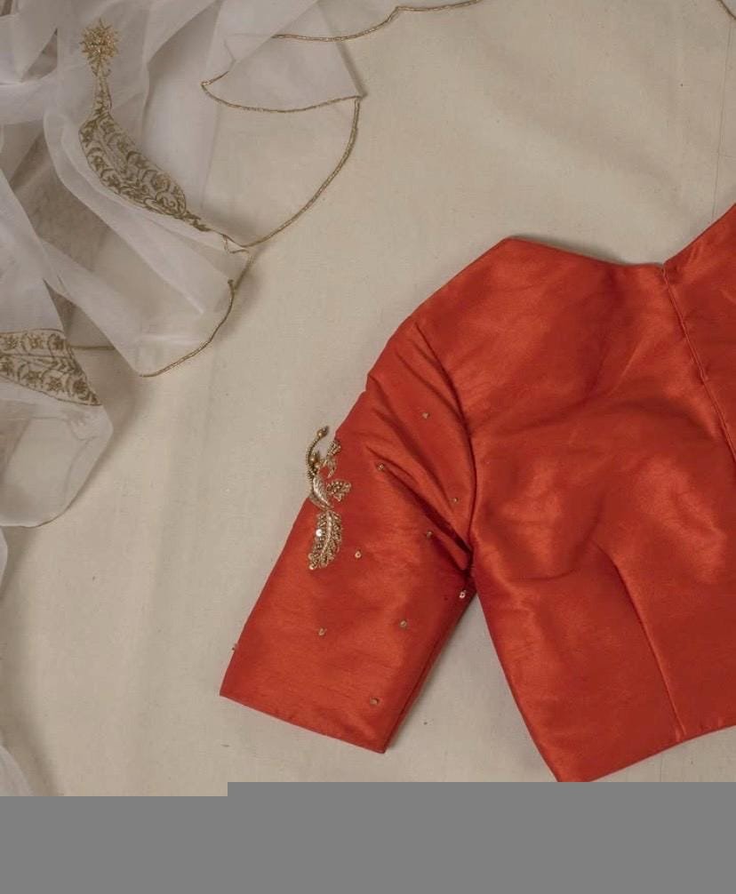 Orange silk hand embroidery blouse/orange saree maggam blouse/orange saree blouse/simplehand embroidered blouse/orange ready made blouse zar