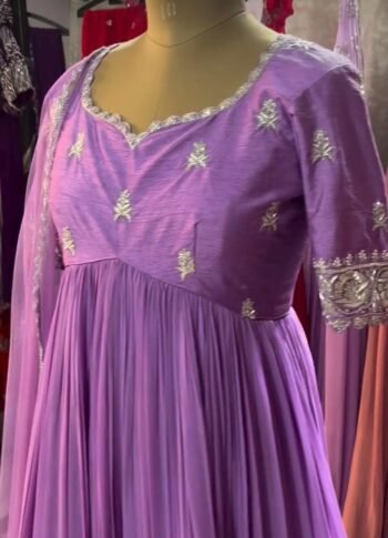 Hand Embroidered Lavender Anarkali Dress: Pure Silk Indian Gown,lavender Anarkali,plus size dress,dress with dupatta,