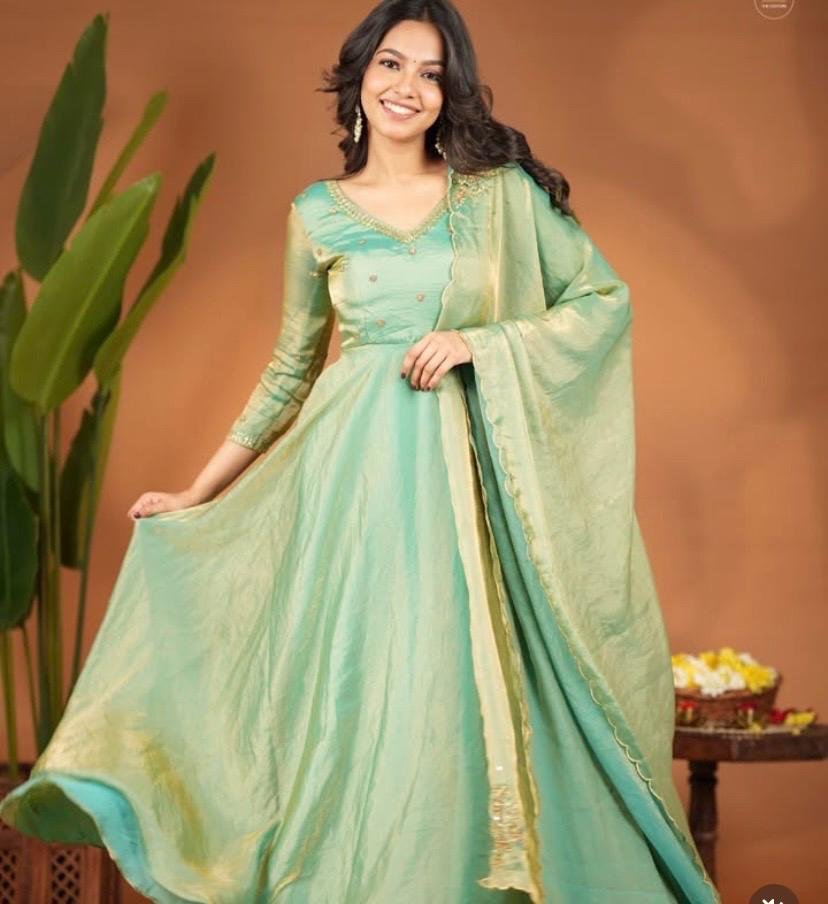 Hand embroidered green Tissue anarkali with dupatta/anarkali suit set /green kurta with dupatta USA/Indian dresses/tissue suit with dupatta