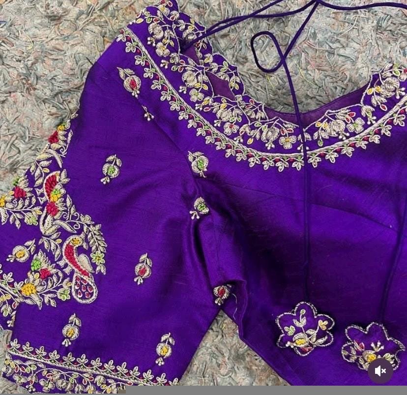 pure silk hand embroidery blouse/ saree maggam blouse/purple zardosi blouse usa/hand embroidered moderblouse/ ready made blouse zardosi usa