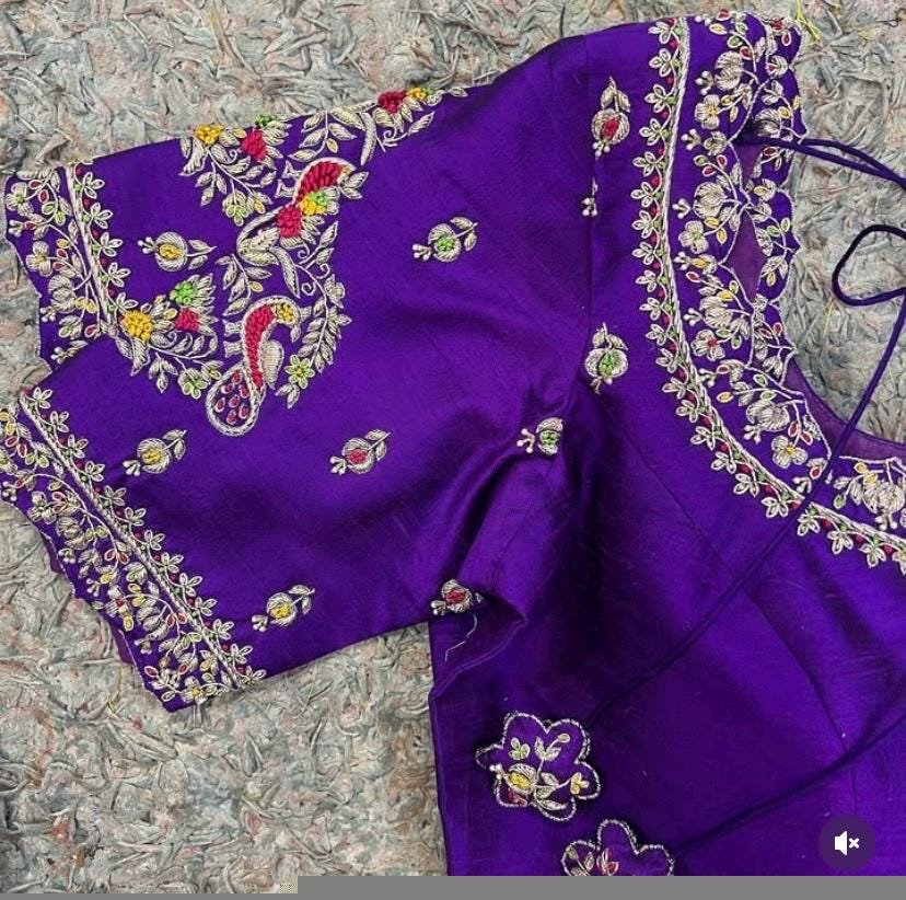 pure silk hand embroidery blouse/ saree maggam blouse/purple zardosi blouse usa/hand embroidered moderblouse/ ready made blouse zardosi usa