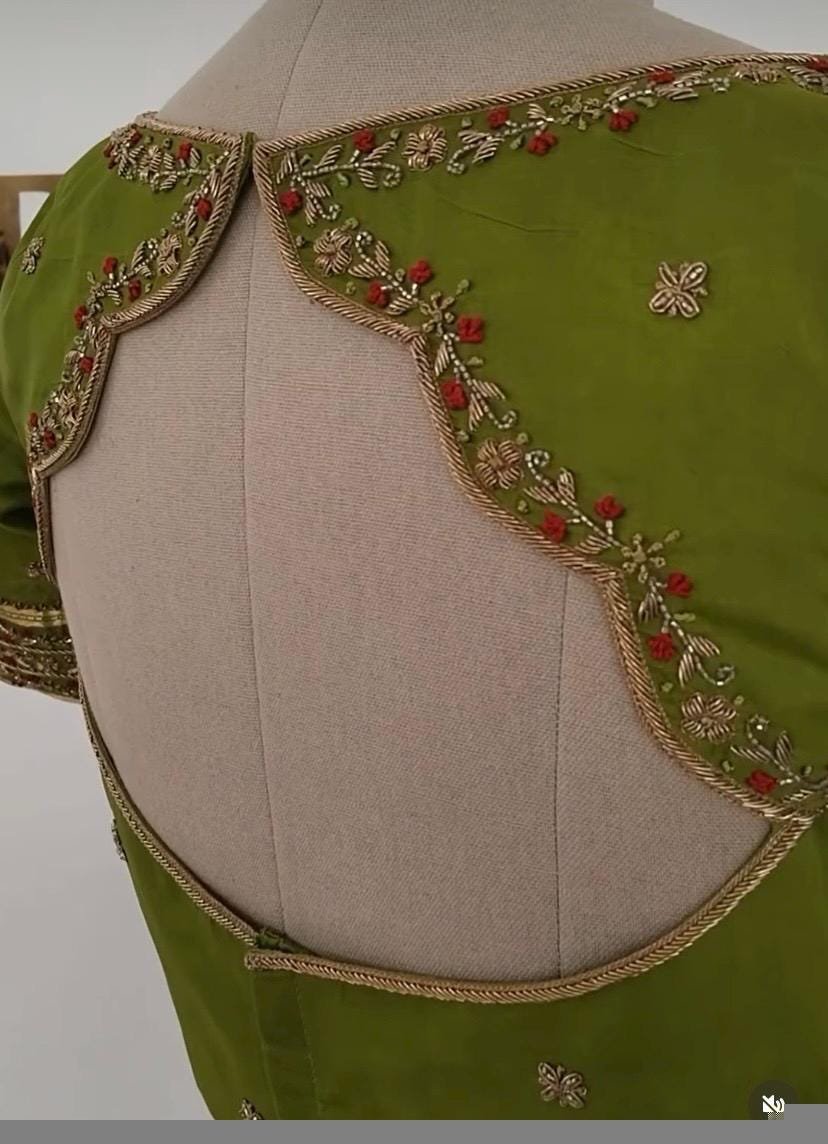 Hand Embroidered Green Silk Saree Blouse: Zardosi Maggam Work