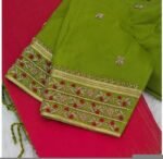 Hand Embroidered Green Silk Saree Blouse: Zardosi Maggam Work