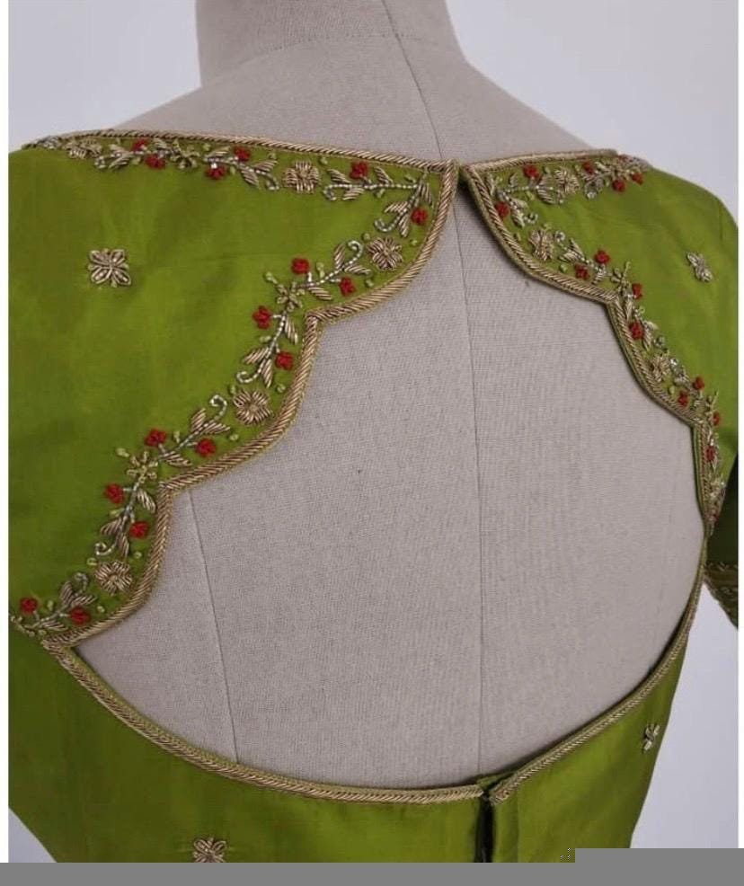 Hand Embroidered Green Silk Saree Blouse: Zardosi Maggam Work