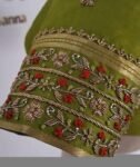 Hand Embroidered Green Silk Saree Blouse: Zardosi Maggam Work