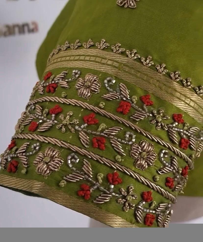 Hand Embroidered Green Silk Saree Blouse: Zardosi Maggam Work