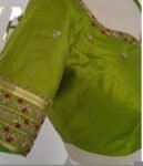 Hand Embroidered Green Silk Saree Blouse: Zardosi Maggam Work
